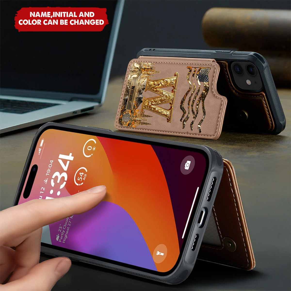 Golden Initial Gift For Husband And Son - Personalized Leather Flip Wallet Phone Case