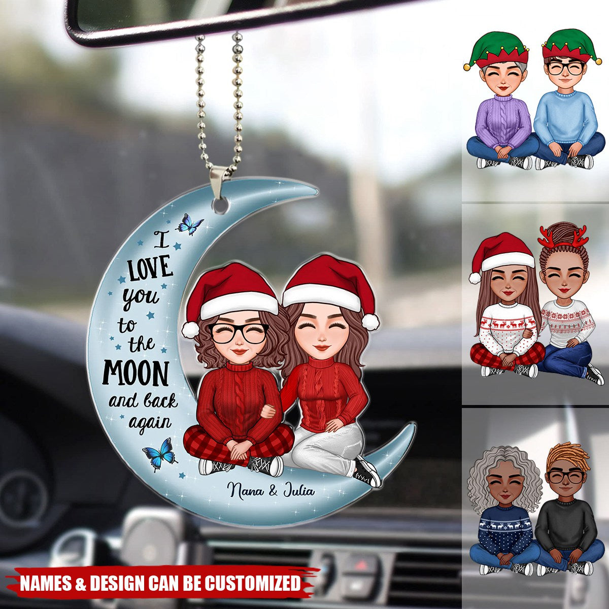 Cute Grandma & Teenage Grandkid Granddaughter Grandson On Moon Personalized Acrylic Car Ornament