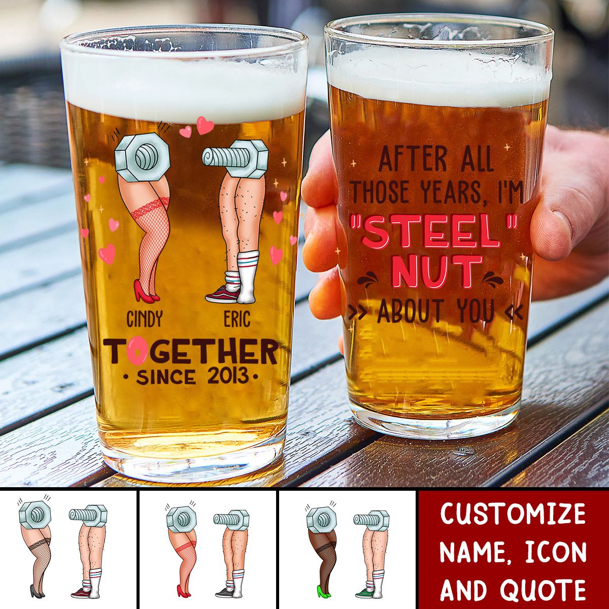 Custom Personalized Nut And Screw Couple Pint Glass - Gift Idea For Couple