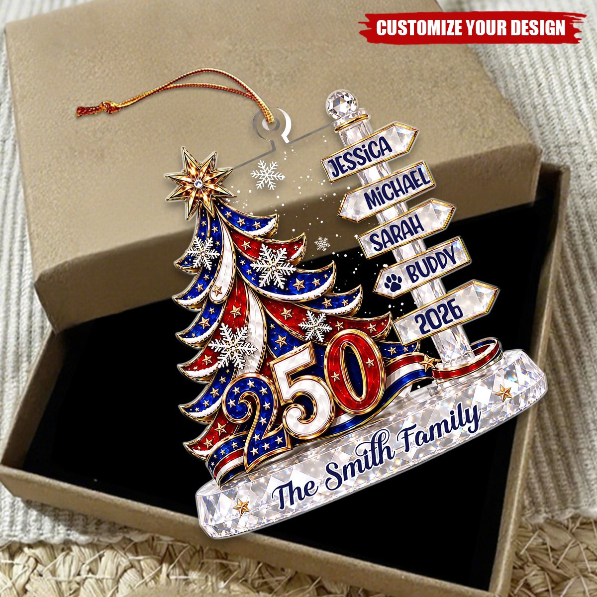 Family Signpost Custom Name Patriotic Christmas Tree 250 - Personalized Acrylic Custom Shape Ornament