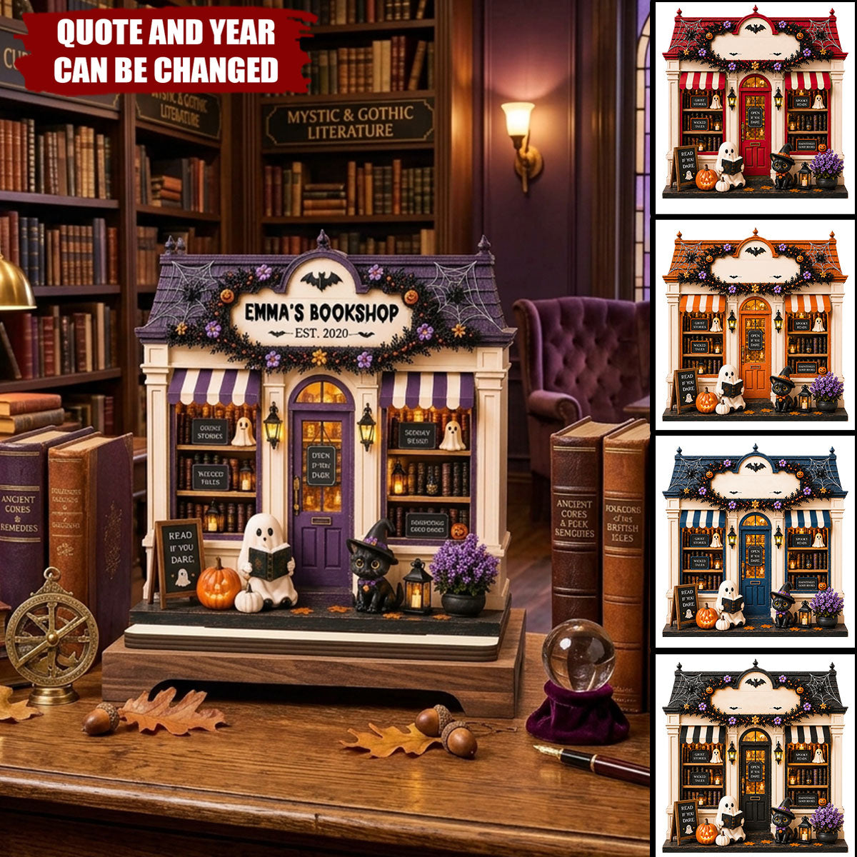 Personalized Halloween Bookshop Wooden Plaque - Spooky Custom Tabletop Sign