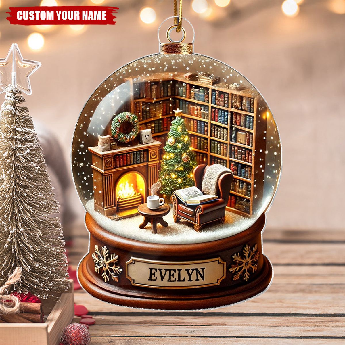 Book Lover Room 3D Effect Snow Globe Christmas Book Club Gift Book Reader Personalized Acrylic Flat Ornament