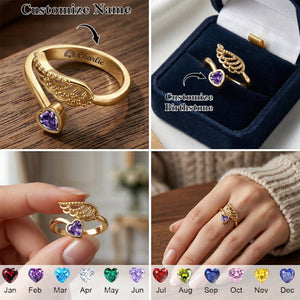 Memorial Your Loved One Family Loss Pet Loss - Personalized Wing And Heart Birthstone Ring
