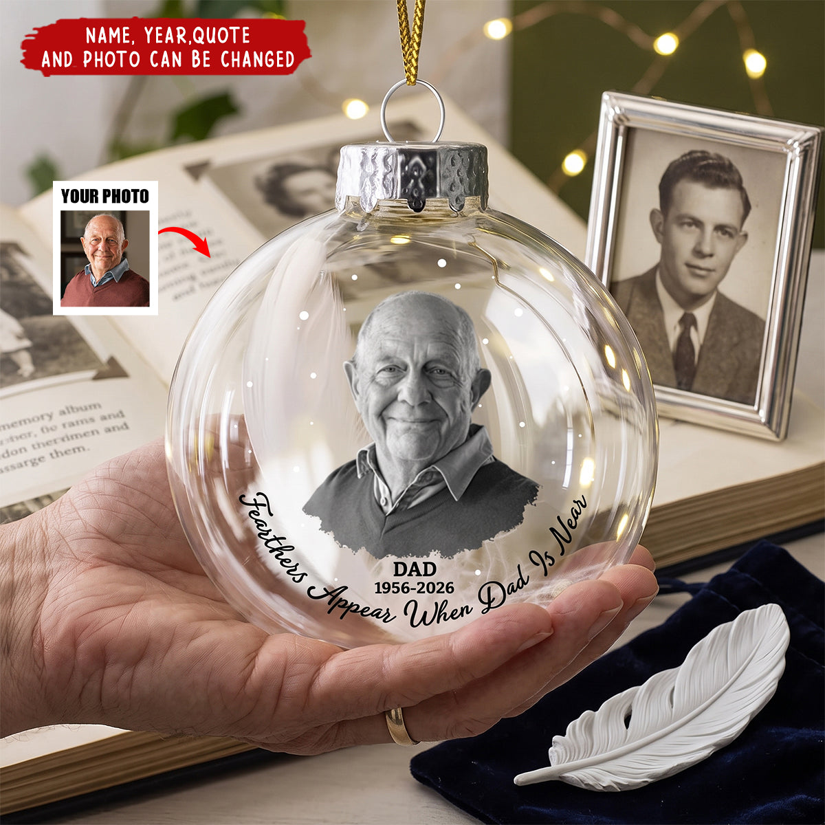 Custom Photo Feathers Appear When Dad Is Near - Personalized Bauble Ornament