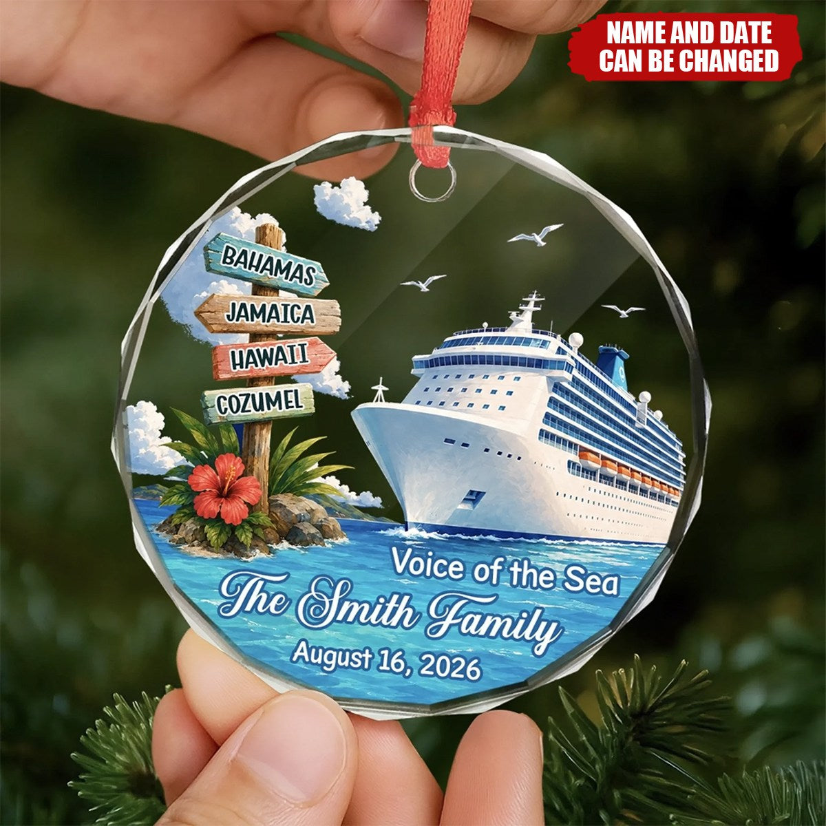 Custom Cruise Ship Circle Glass Ornament - Personalized Christmas Birthday Gifts For Mom, Dad, Brother, Sister - Making Waves Together