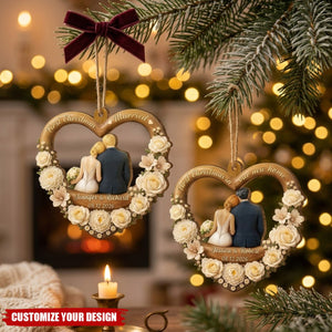 First Christmas Married Wooden Ornament, Seated Bride & Groom From Behind by a Glowing Tree, Creative Gift for Newlyweds