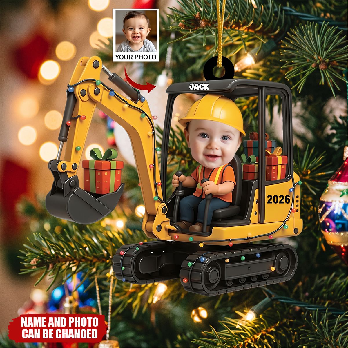 Personalized Excavator Christmas Ornament, Custom Kid Face Keepsake, Gift For Kids & Family