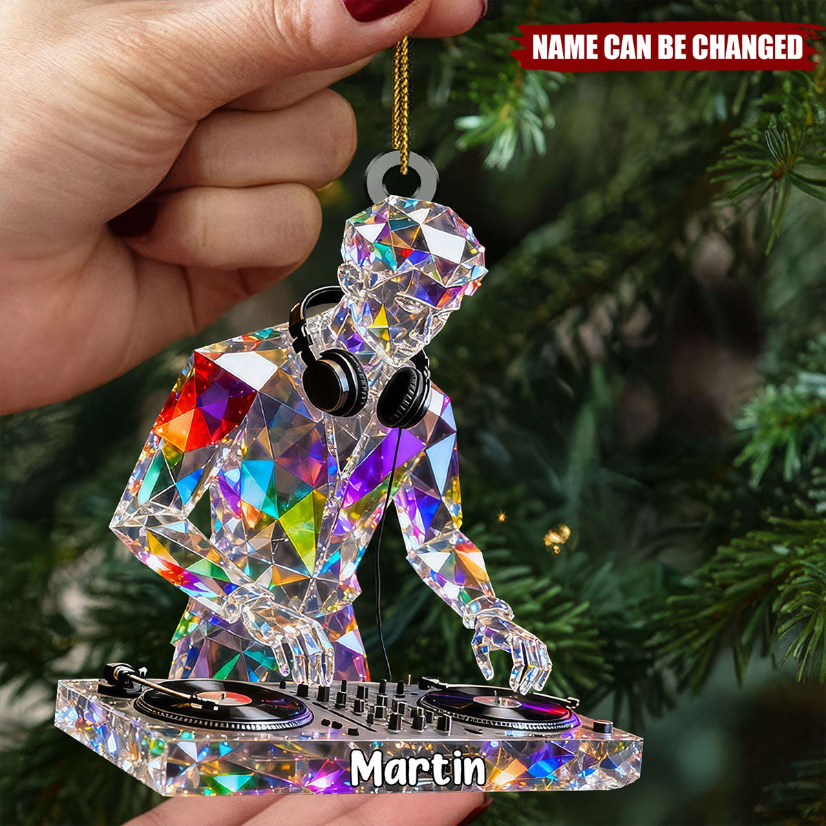 Turntablist Custom Name Stained Glass Effect Acrylic Christmas Ornament, Gift For DJ, Music Ornament