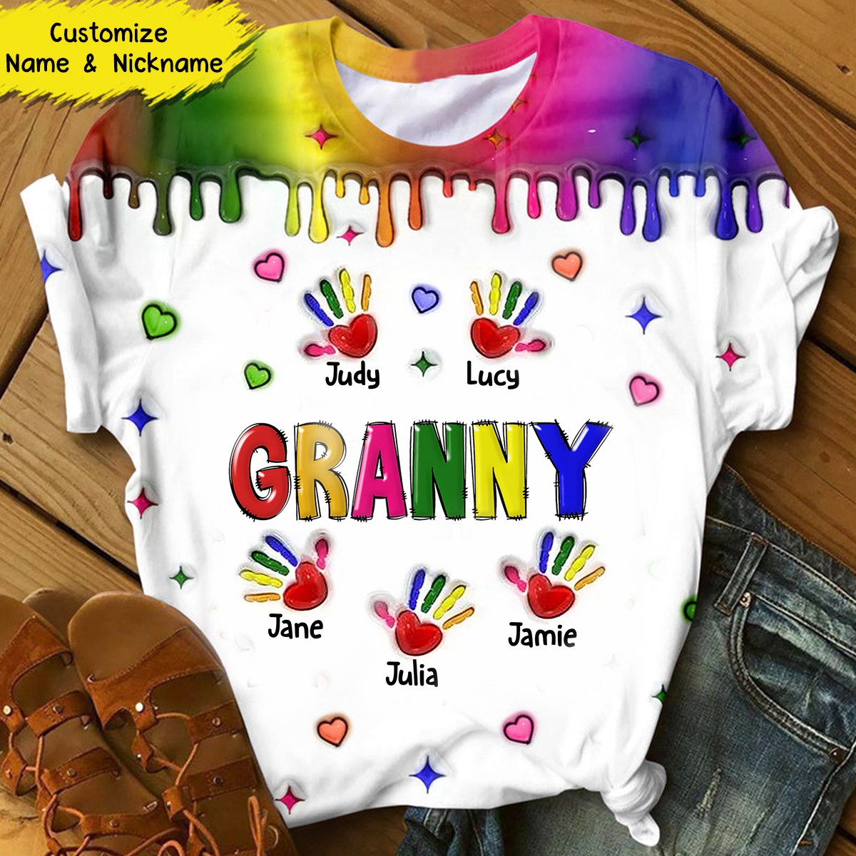 Colorful Grandma Mom Handprint Grandkids 3D Inflated Effect Personalized T-shirt