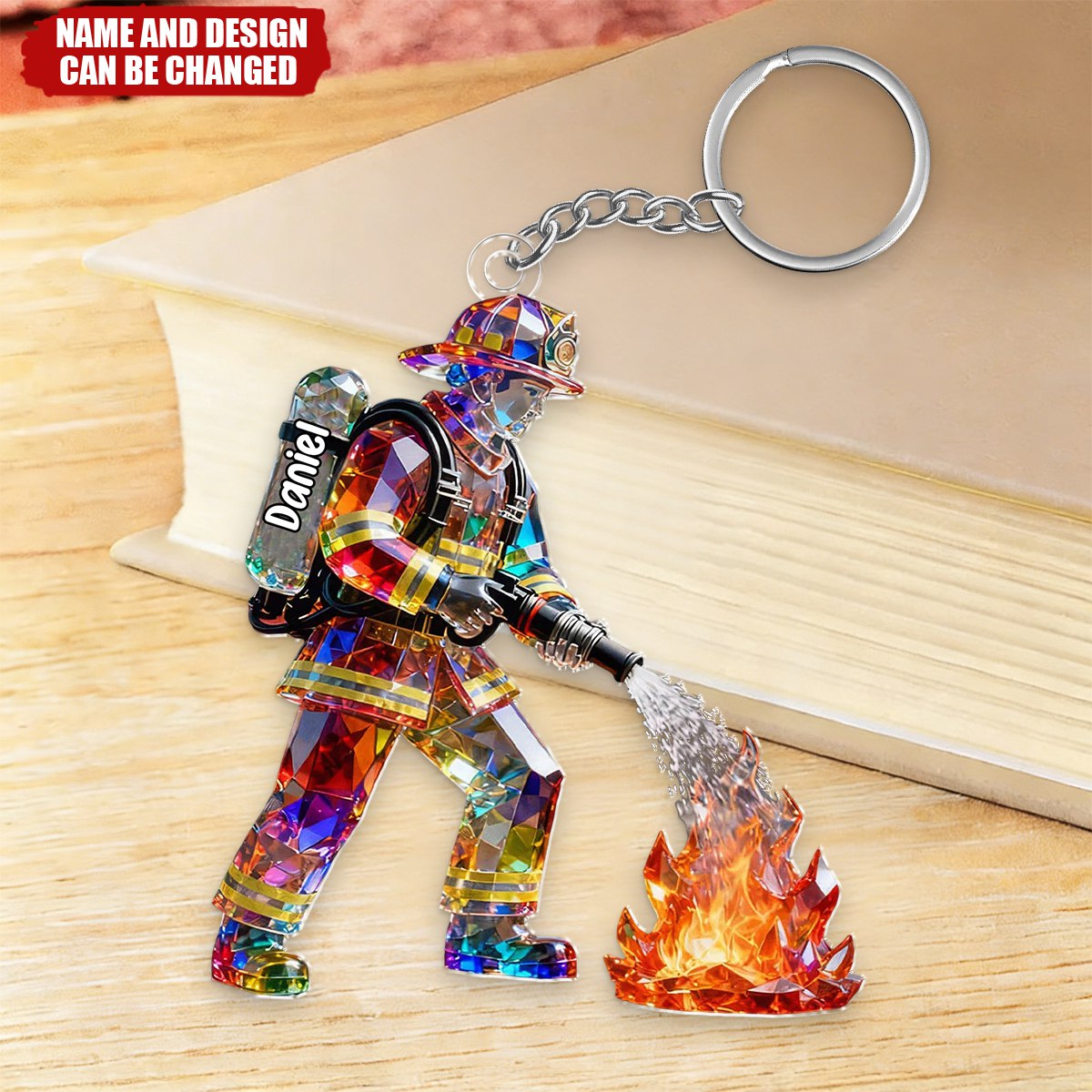 Firefighter Figurine Stained Glass Crystal Effect  - Personalized Keychain