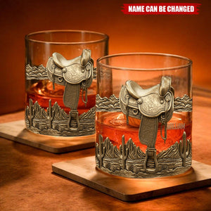 Horseshoe And Saddle - Personalized Horse Whiskey Glass