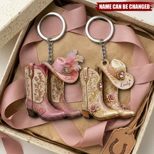 Personalized Cowgirl Boots Acrylic Keychain, Custom Western Hat Keychain, Cowgirl Heart Keyring, Cowboy Keepsake Gift