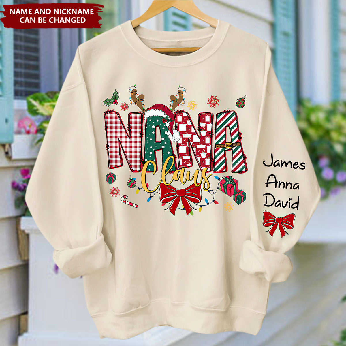 Personalized Christmas Nana Claus Sweatshirt, Christmas Tree Cake Coquette Bow Candy Cane Santa Hot Cocoa Sweatshirt