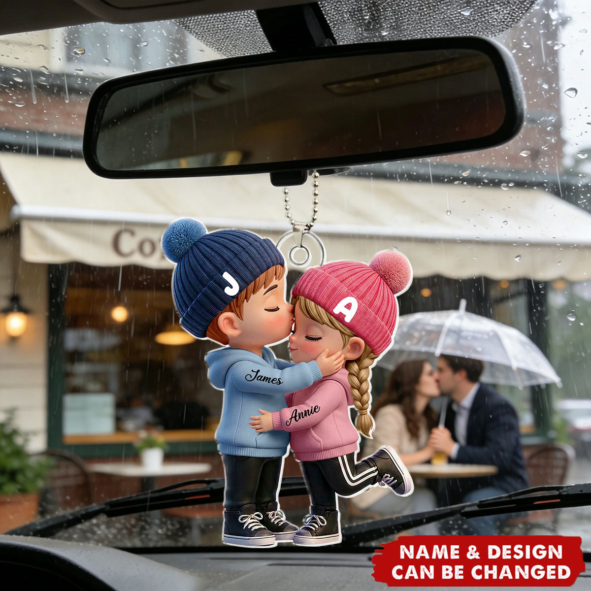 Kissing Couple Car Charm in Soft Colors - Personalized Acrylic Car Ornament