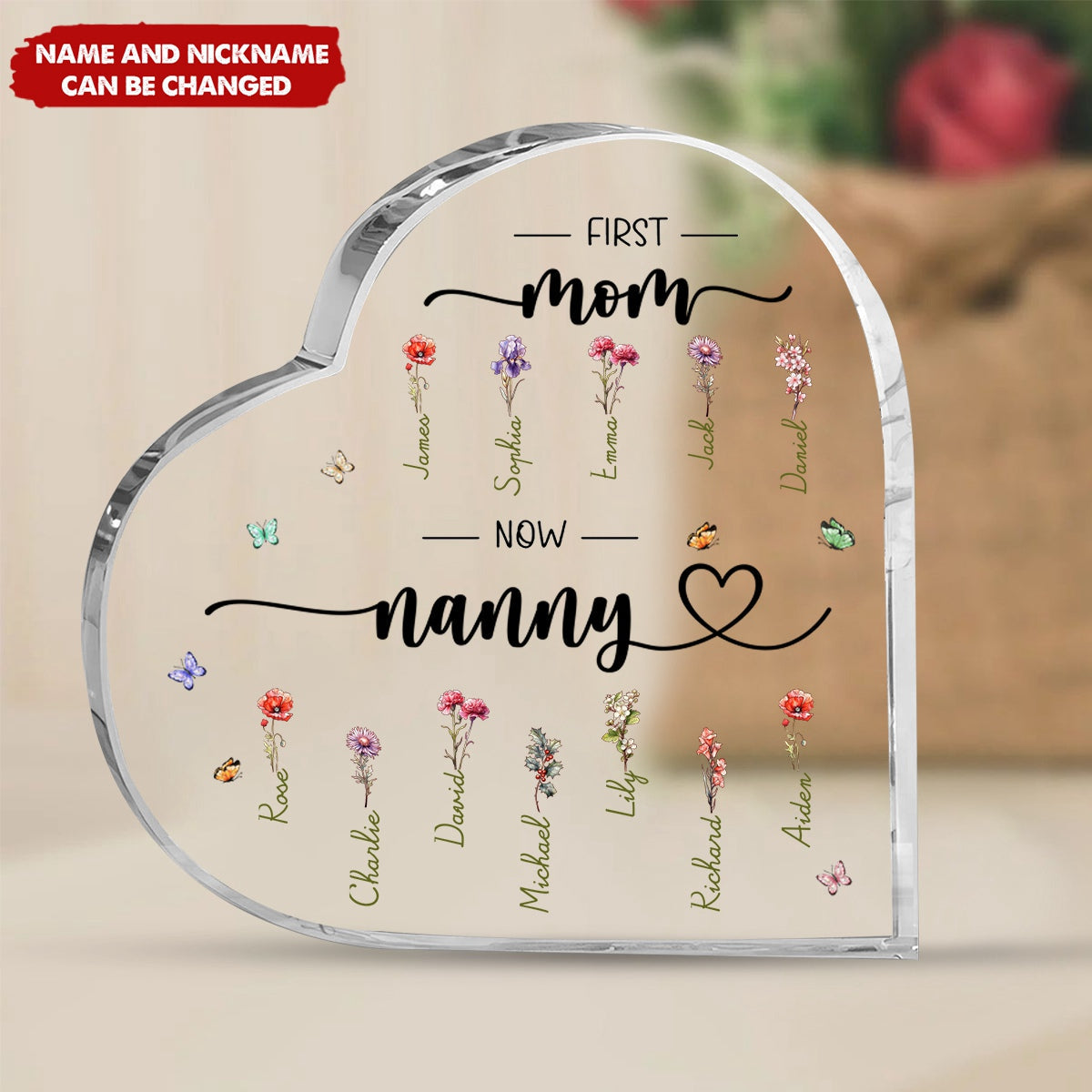 Grandma & Her Charming Flowers - Personalized Heart Shaped Acrylic Plaque - Gift For Mom, Grandma