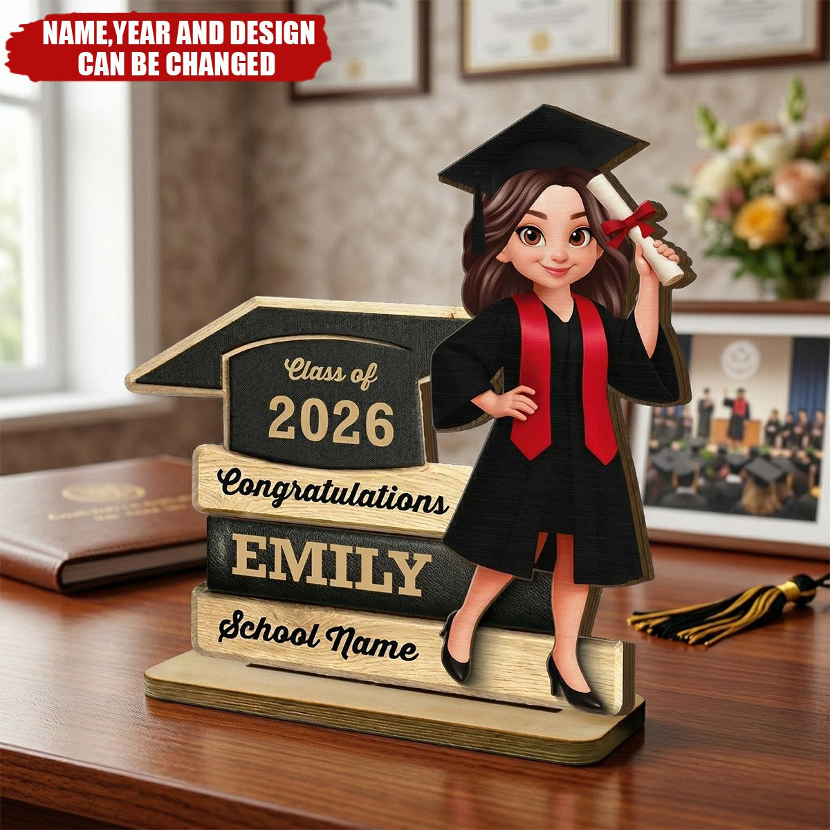 Cartoon Grad Holding Diploma - Personalized 2-Layered Wooden Plaque
