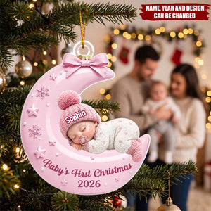 Pastel Pink Baby On Moon - Personalized Acrylic Custom Shape Ornament