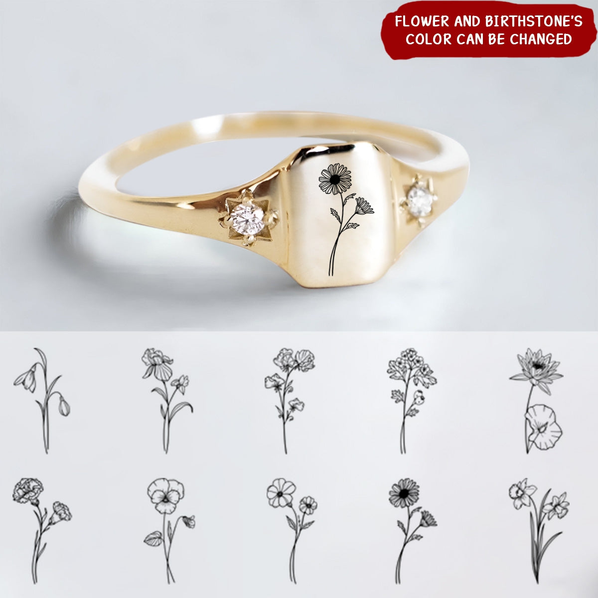 Personalized Birth Flower Gold ring, Statement Flower Rings, Dainty Birth Flowers Ring For Women,Custom Flower Ring, Minimalist Ring