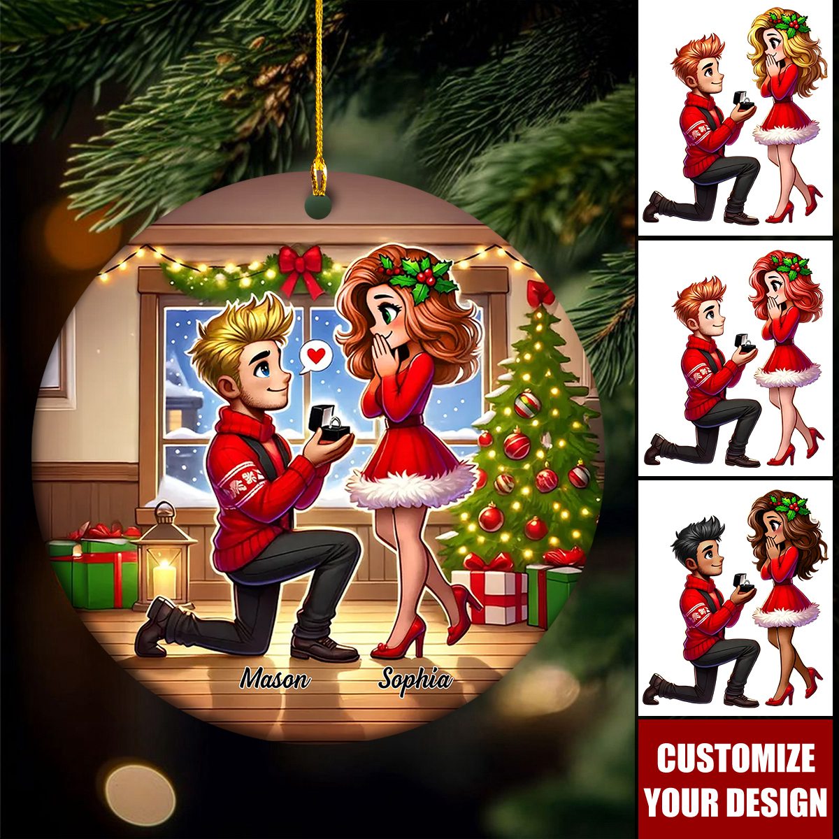 Cartoon Couple Marriage Proposal - Personalized Christmas Ceramic Ornament