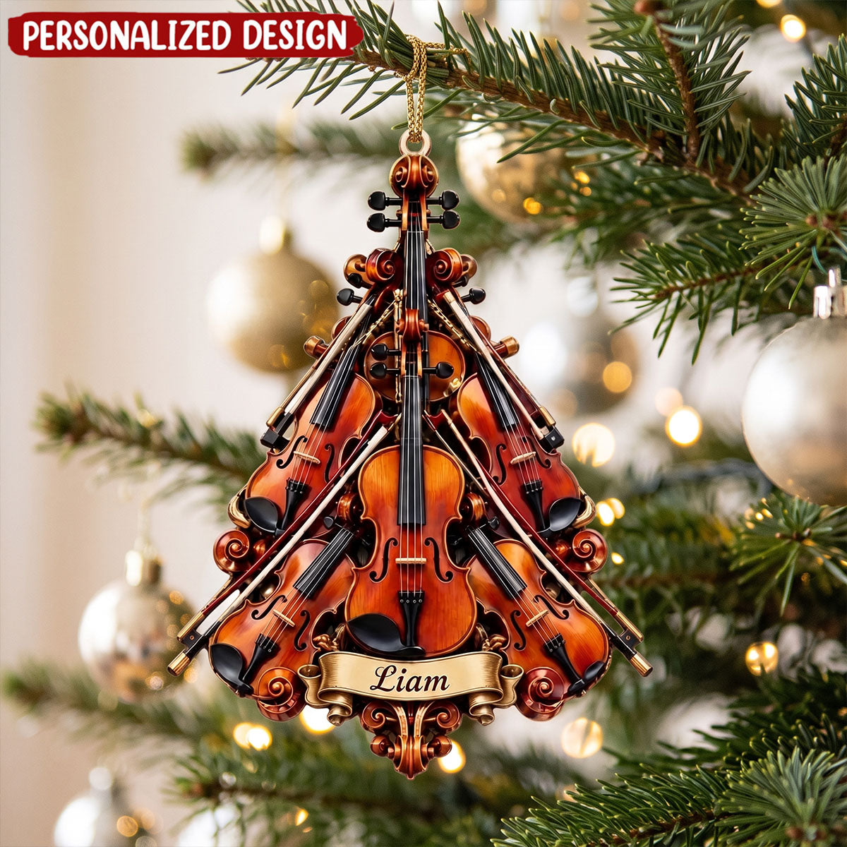 Custom Name Violin Christmas Tree Ornament, Unique Violin Player Holiday Decor