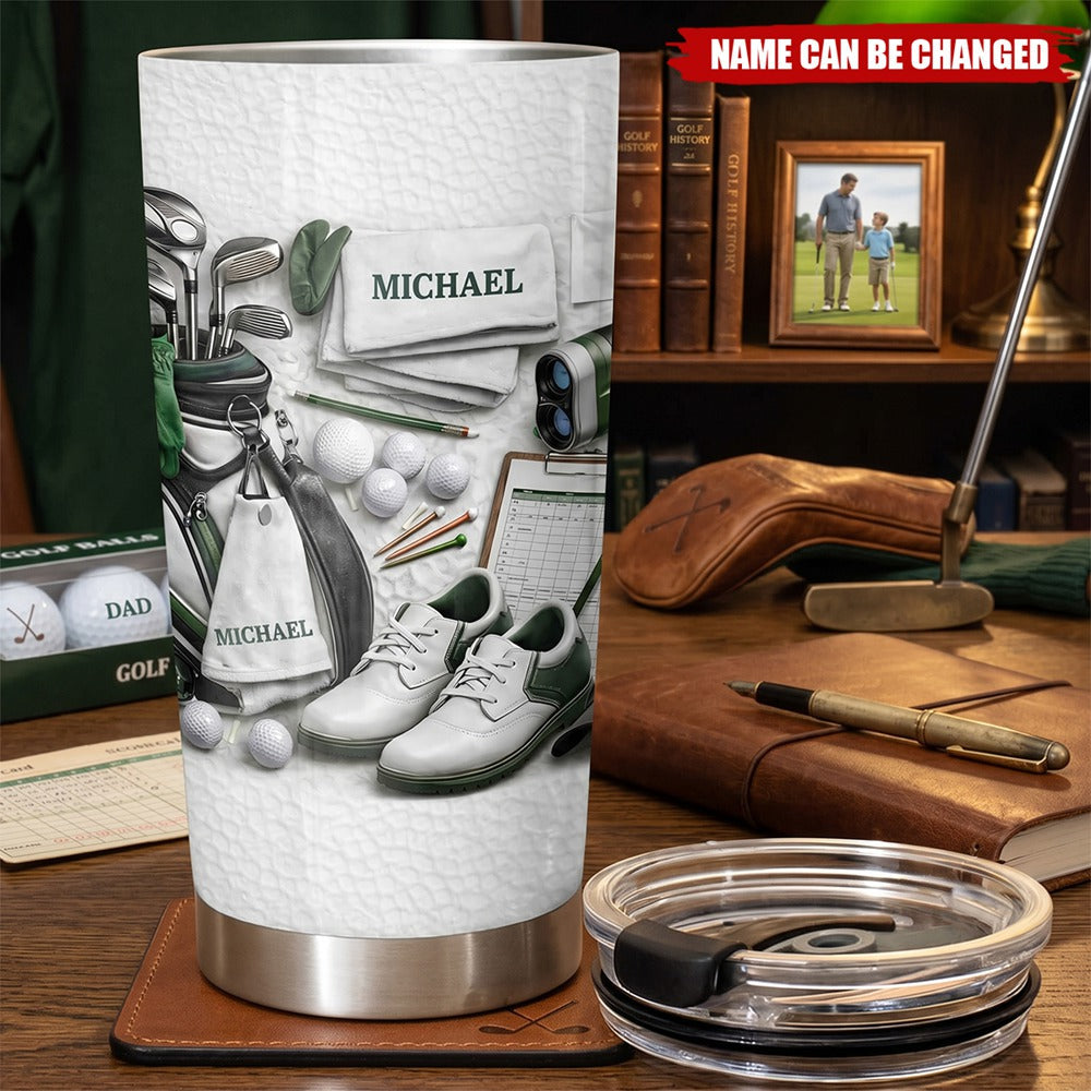 Golf Enthusiast Personalized Tumbler Featuring Clubs and Balls, Gift For Dad and Sports Lovers