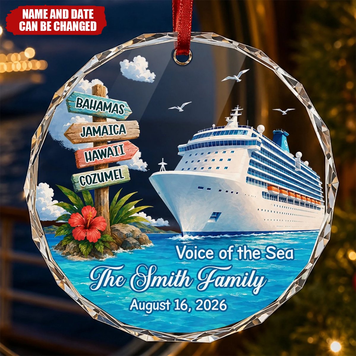 Custom Cruise Ship Circle Glass Ornament - Personalized Christmas Birthday Gifts For Mom, Dad, Brother, Sister - Making Waves Together