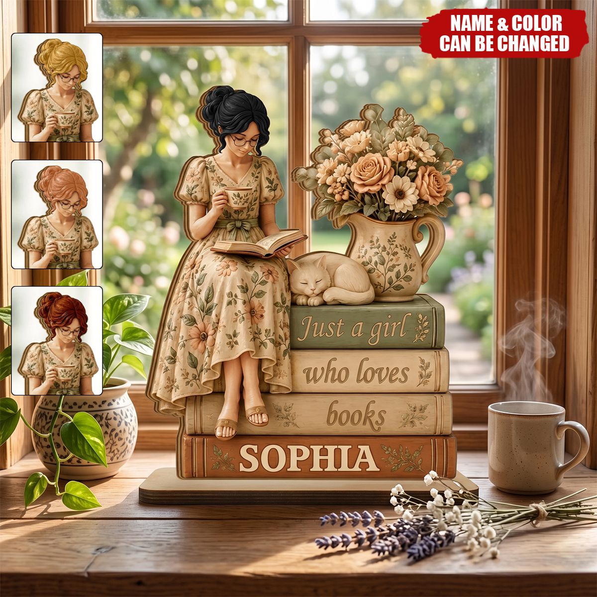 Personalized 2-Layer Wooden Plaque, Cottagecore Girl Reading with Cat, Unique Gift for Book Lovers
