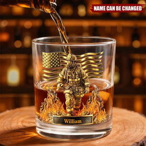 Celebrate Our Heroes, Brave Firefighter And American Flag, Custom Whiskey Glass
