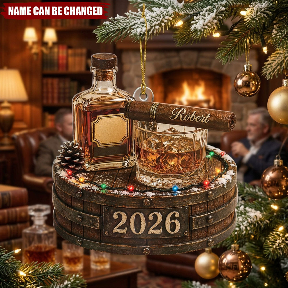 Personalized Whiskey Christmas Ornament, Custom Bourbon Lover Gift, 2026 Bar Decor, Whiskey Barrel Ornament, Cigar Lover Gift