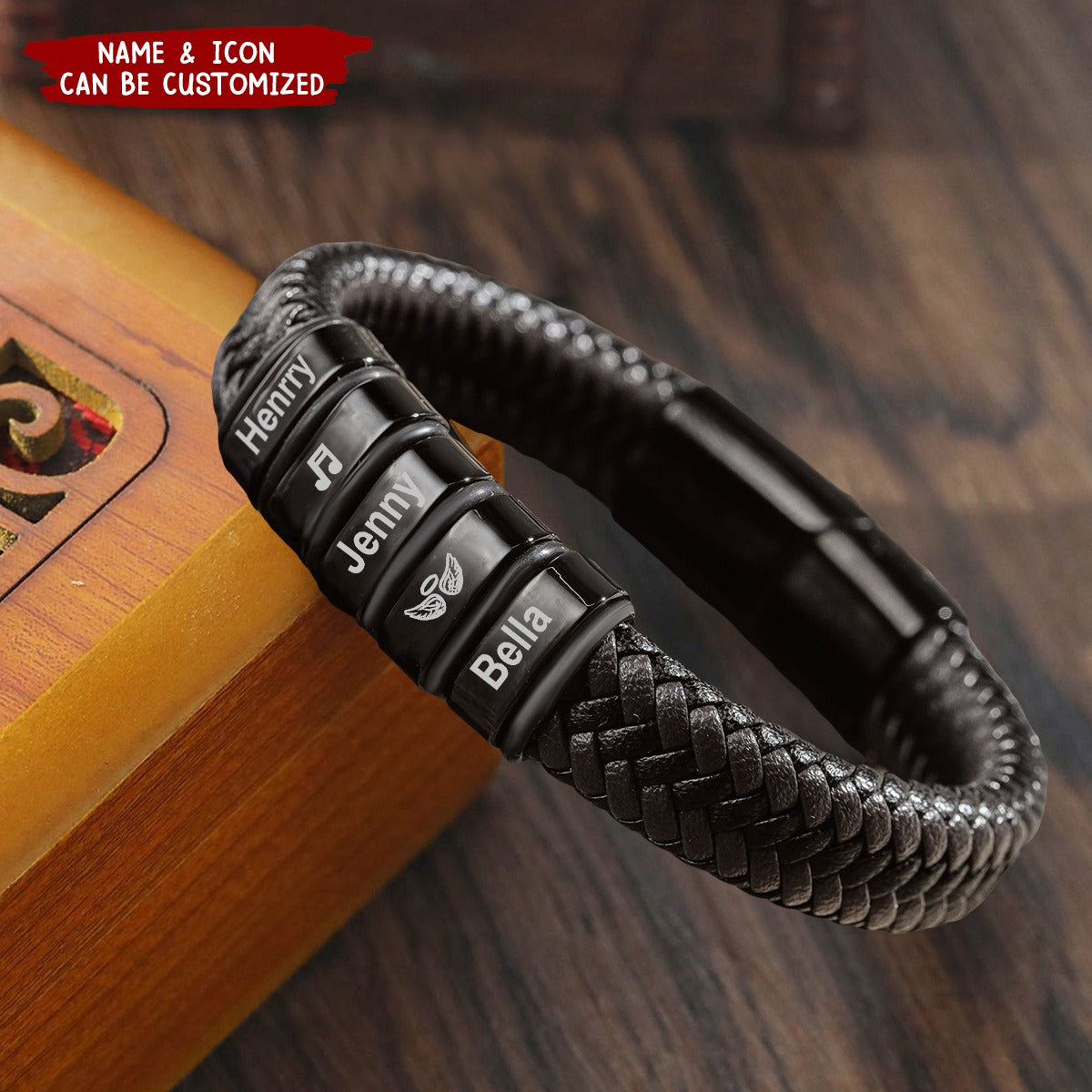 Personalized Beads Leather Bracelet with Kids Name, Gifts For Him Dad Son Grandpa