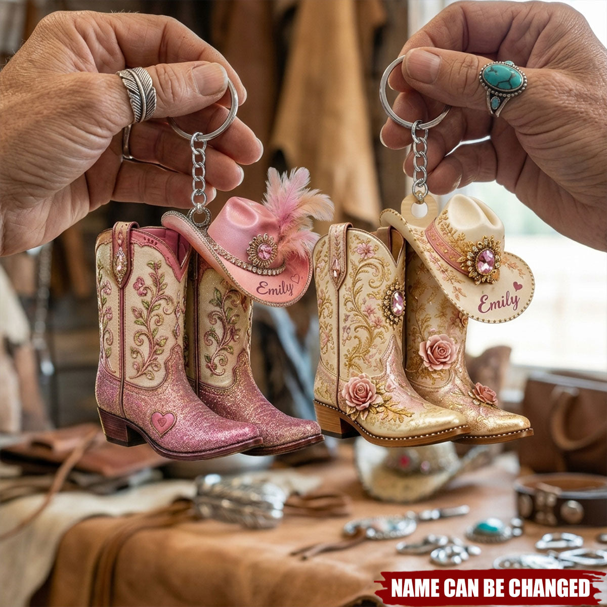 Personalized Cowgirl Boots Acrylic Keychain, Custom Western Hat Keychain, Cowgirl Heart Keyring, Cowboy Keepsake Gift