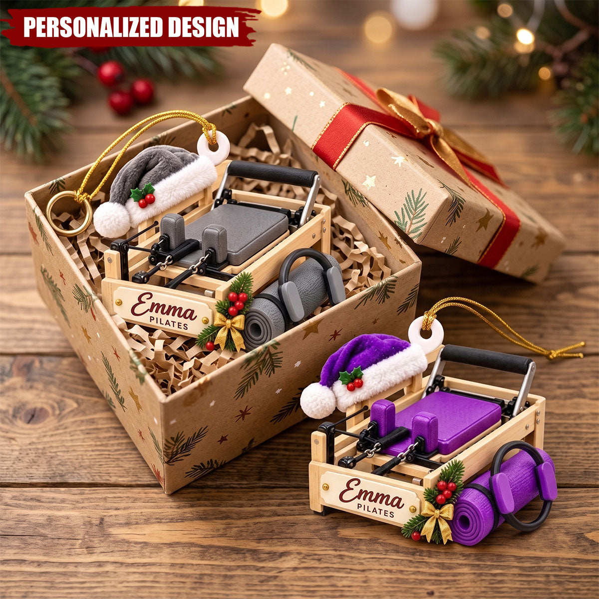 Personalized Pilates Reformer Christmas Ornament, Custom Name Gift for Pilates Lovers and Instructors