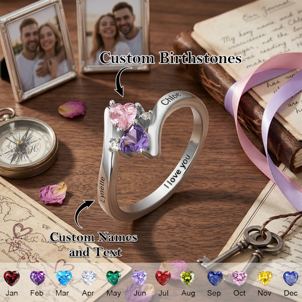 Forever In Love - Personalized Double Heart Birthstones Ring,  Gift for Couple