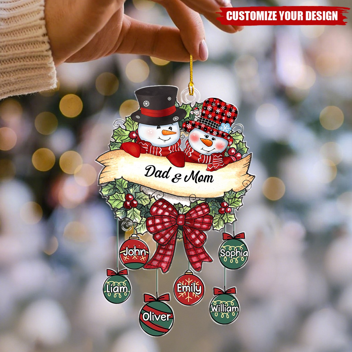 Snowman Grandpa & Grandma Mom & Dad Christmas Ball Kids Personalized Acrylic Ornament