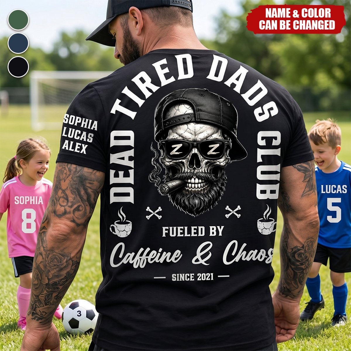 Dead Tired Dads Club Custom Kids' Names On Sleeves Shirt