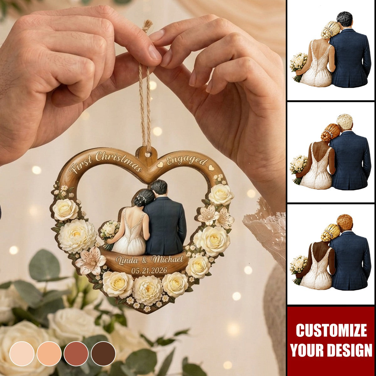First Christmas Married Wooden Ornament, Seated Bride & Groom From Behind by a Glowing Tree, Creative Gift for Newlyweds