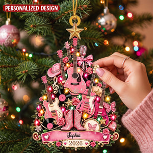Personalized Country Music Christmas Ornament, Custom Name Pink Guitar Ornament