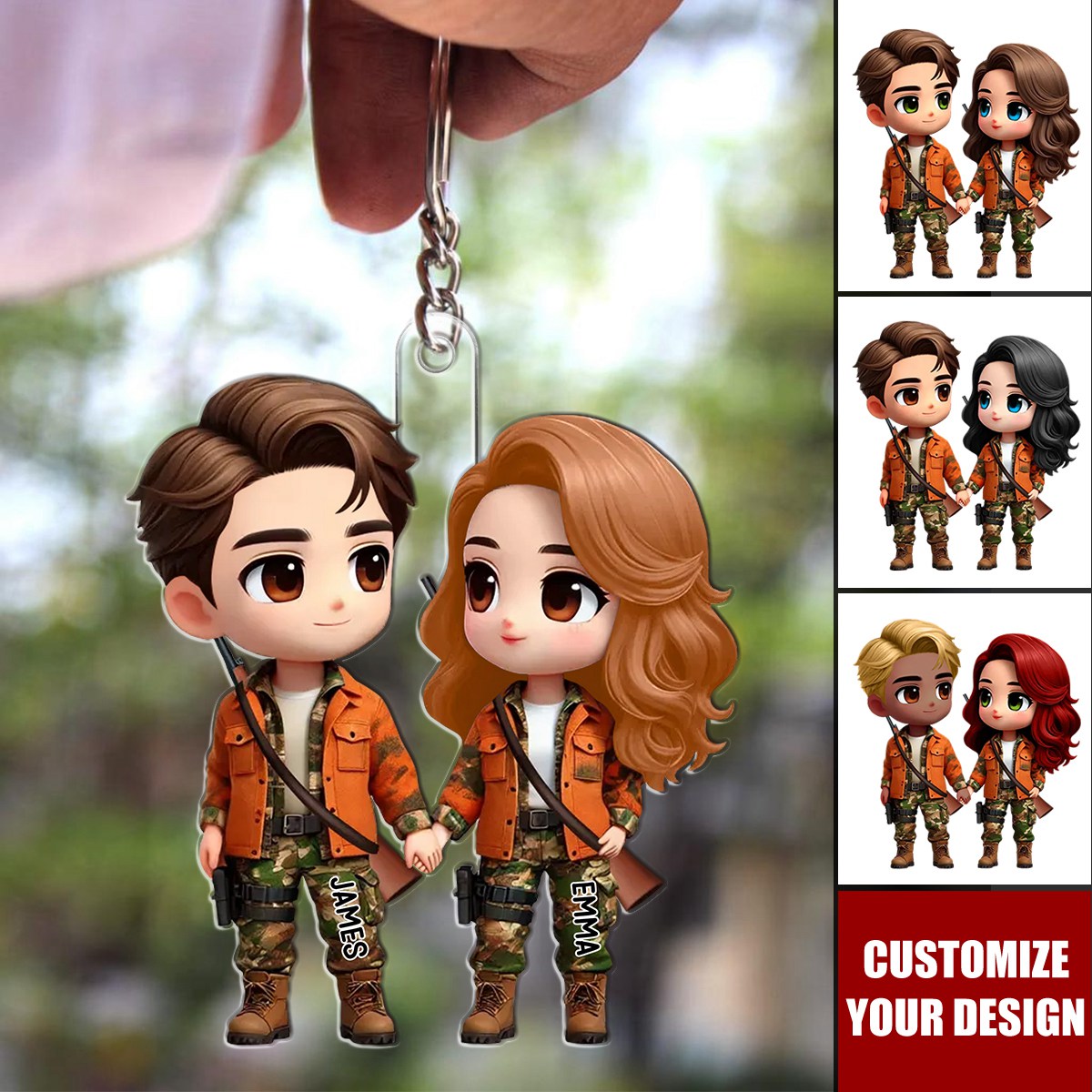 Cute Cartoon Couple Hunting Personalized Acrylic Keychain, Gift for Couple