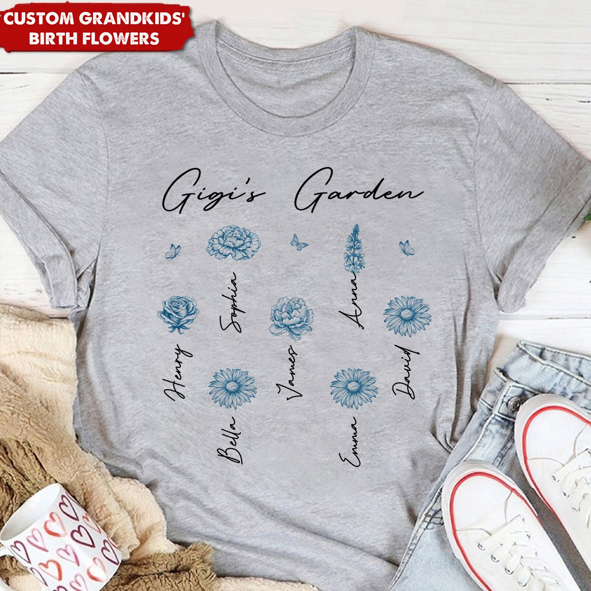 Grandma's Garden Retro Vintage Birthmonth Flowers Personalized Shirt, Grandkids Names Floral Gift for Grandma, Mom