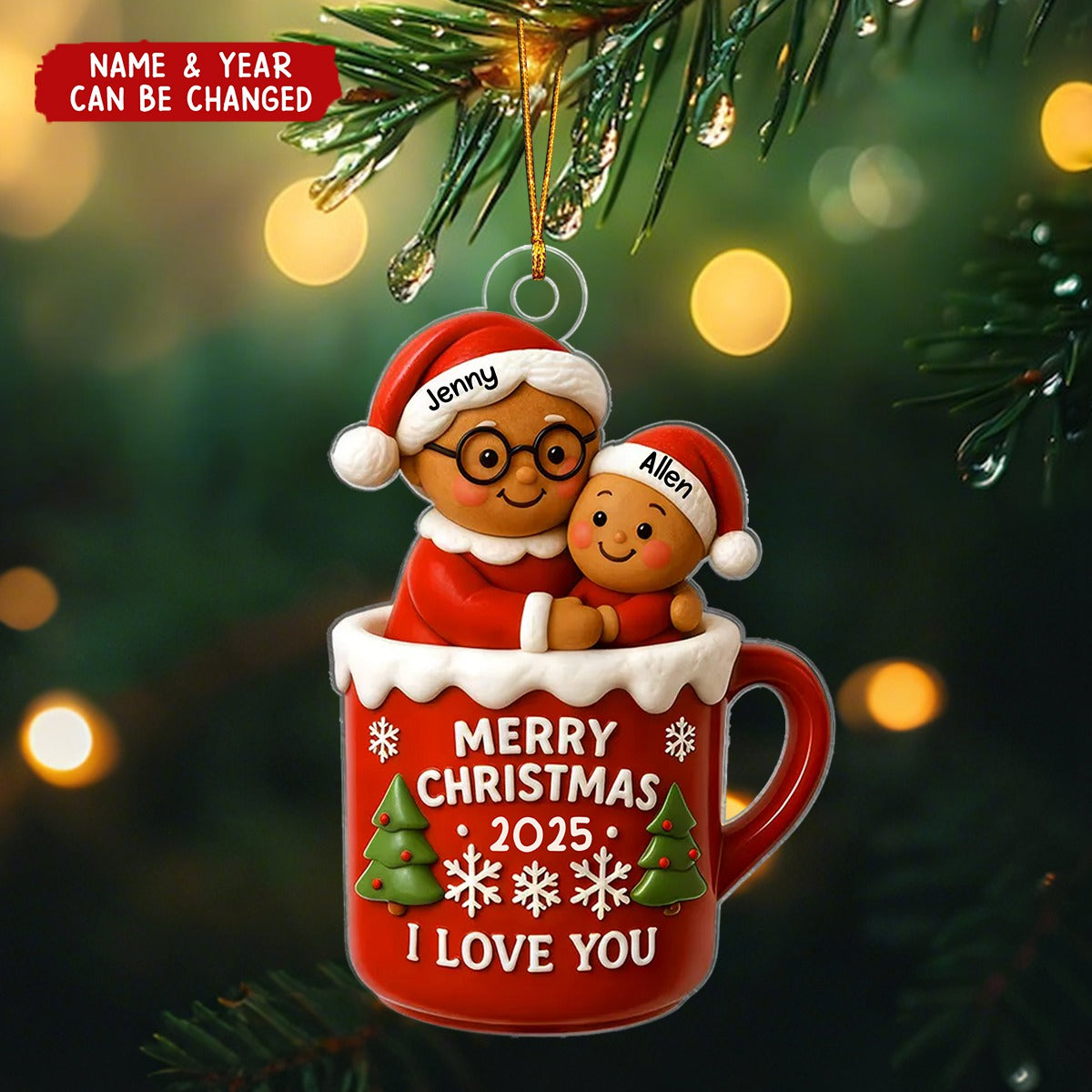 Christmas Gingerbread Grandma Hugging Grandkid In Hot Cocoa Personalized Acrylic Ornament