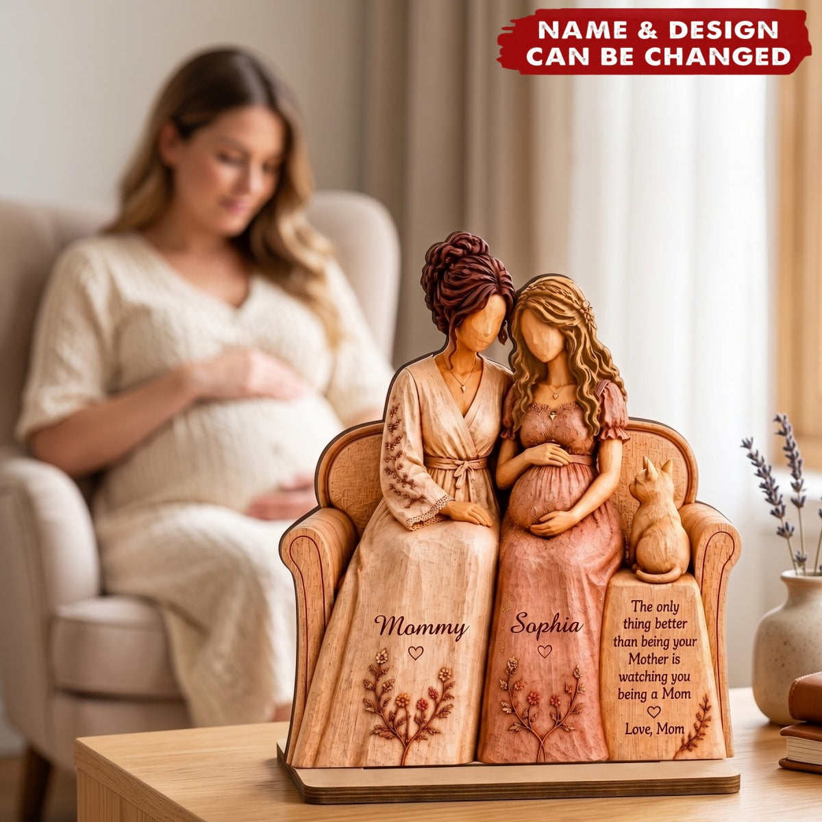 Seated Mother and Pregnant Daughter - Personalized 2-Layered Wooden Plaque