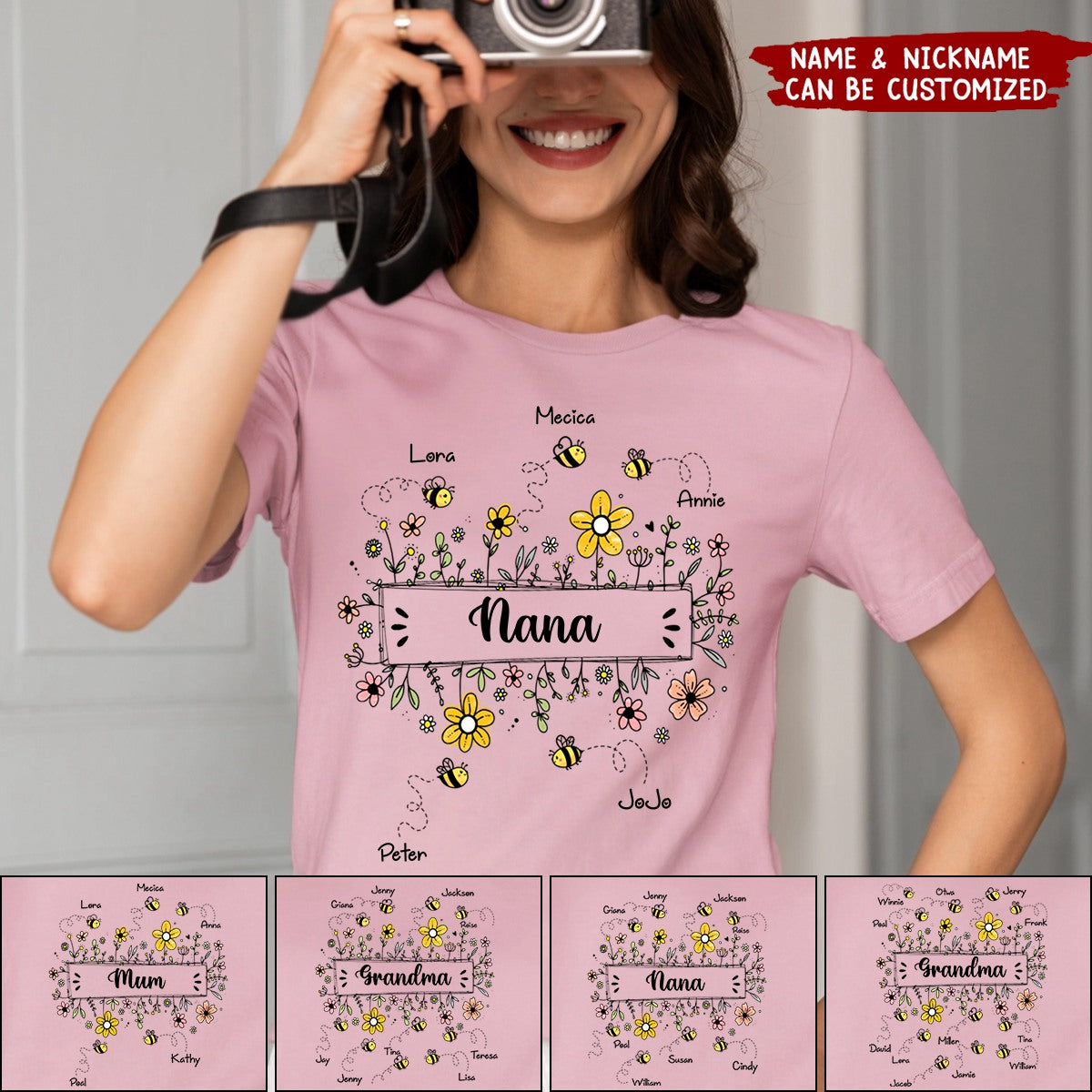 Grandma Flower Bee And Grandkids Personalized T-shirt