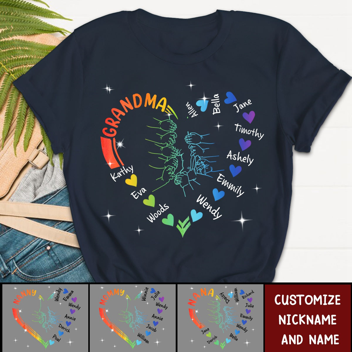 Grandma Mama And Kid Hands Heart Personalized T-Shirt