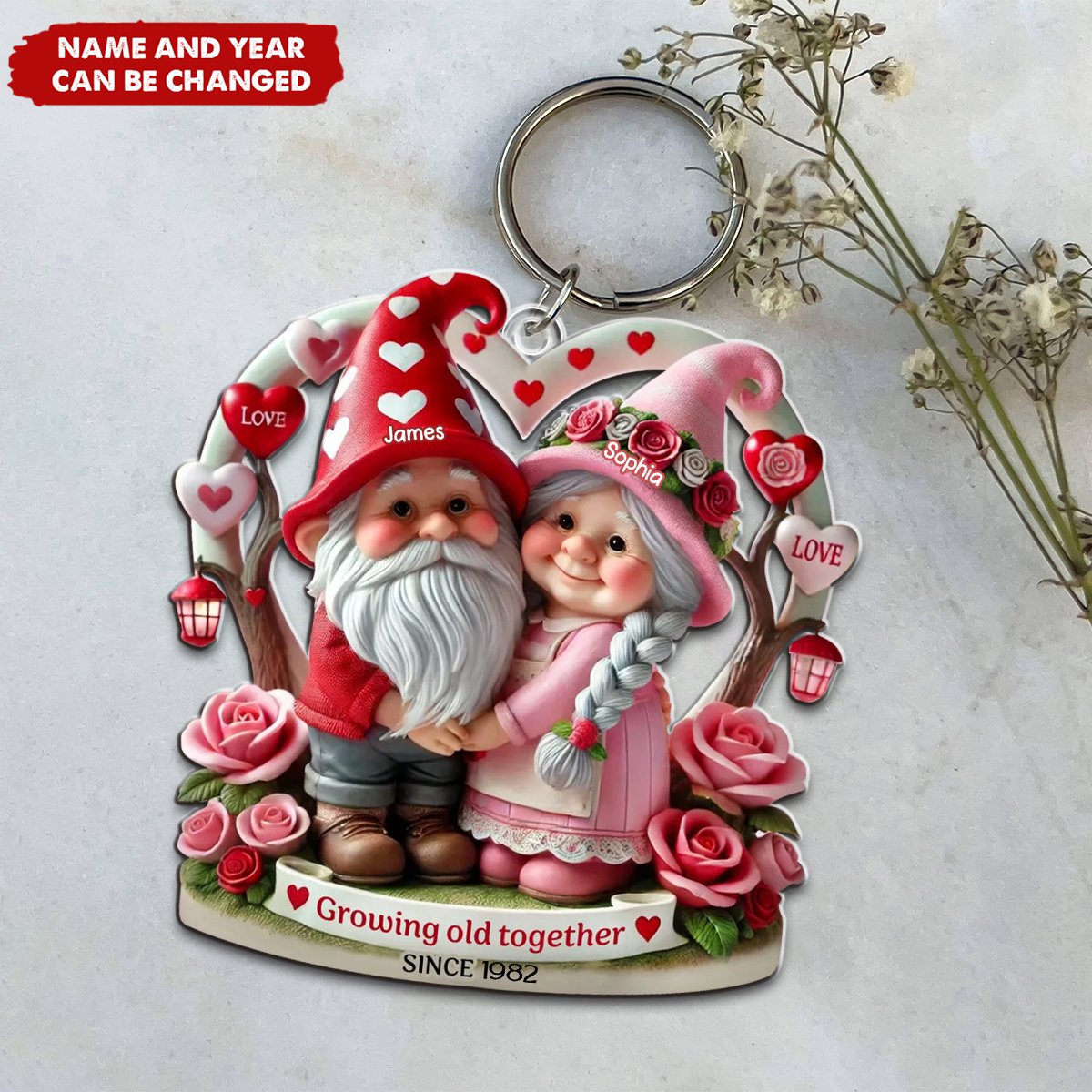Dwarf 3D Effect Old Couple Valentine's Day Gift, Personalized Acrylic Keychain