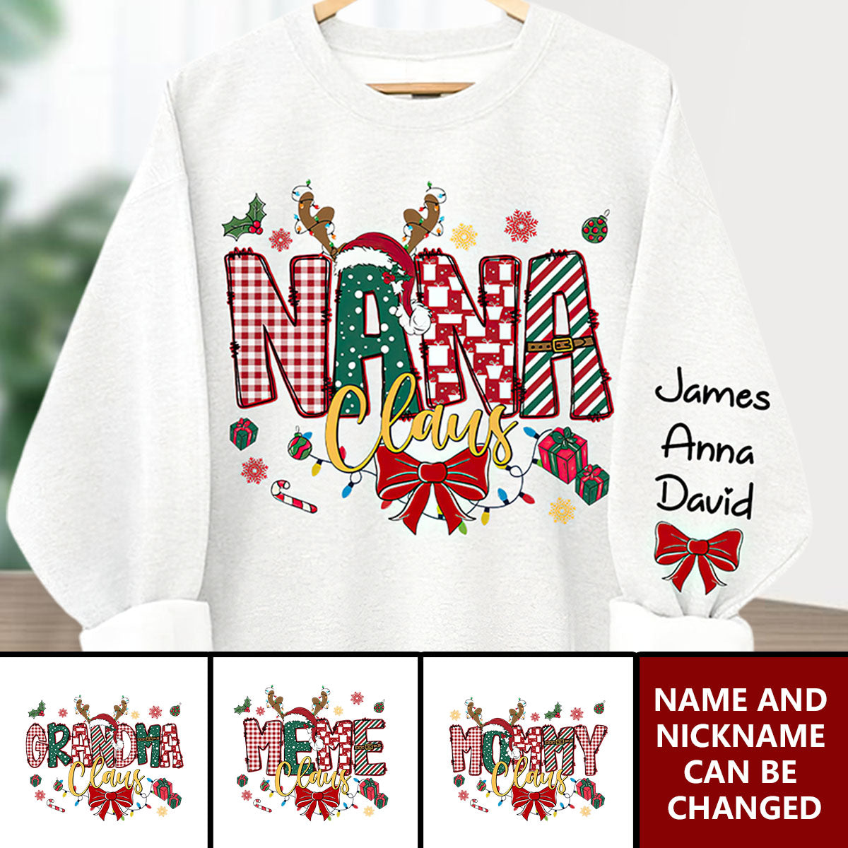 Personalized Christmas Nana Claus Sweatshirt, Christmas Tree Cake Coquette Bow Candy Cane Santa Hot Cocoa Sweatshirt