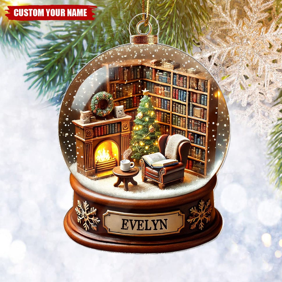 Book Lover Room 3D Effect Snow Globe Christmas Book Club Gift Book Reader Personalized Acrylic Flat Ornament
