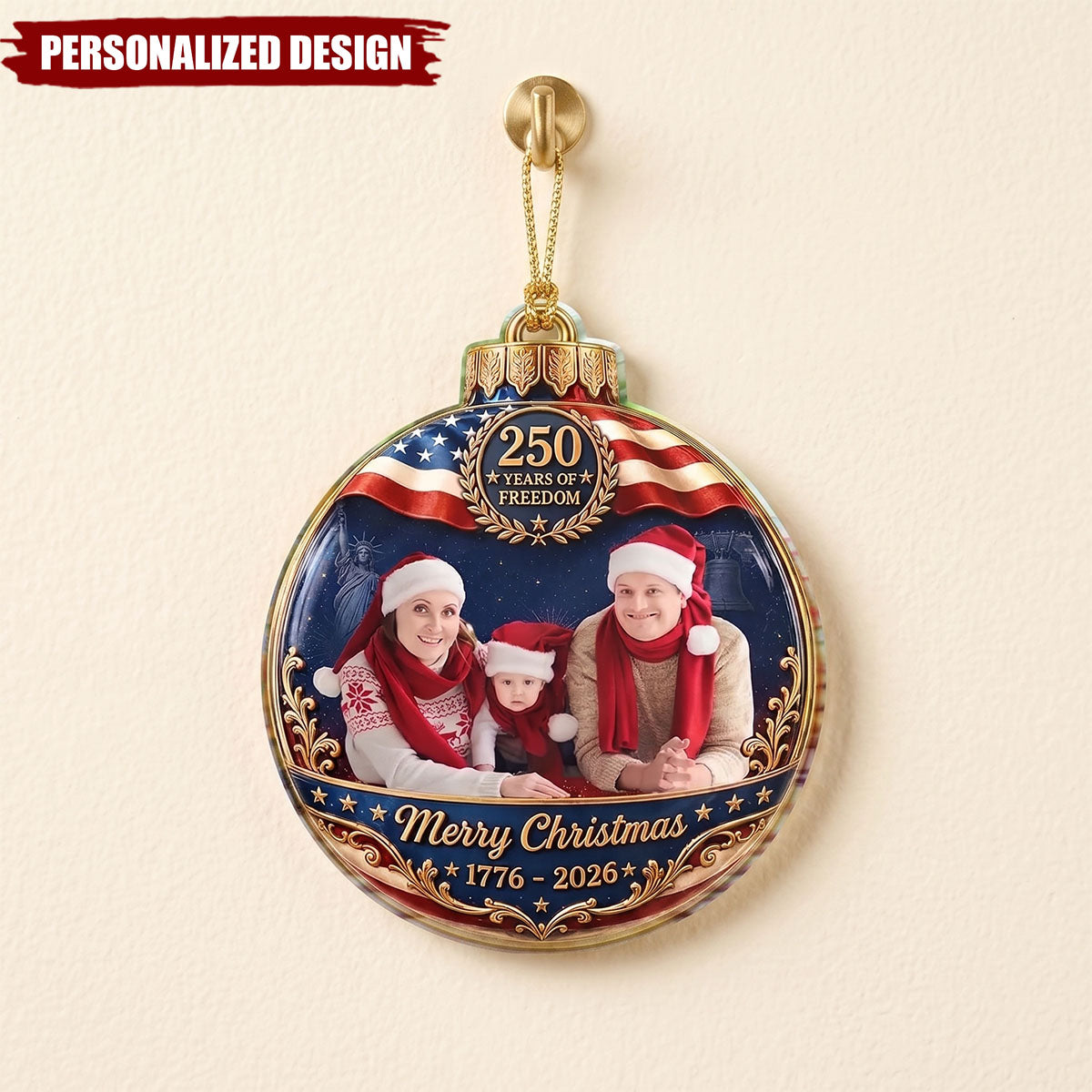 Custom Photo Family Merry Christmas 250 Years Of Freedom - Personalized Custom Shaped Acrylic Ornament