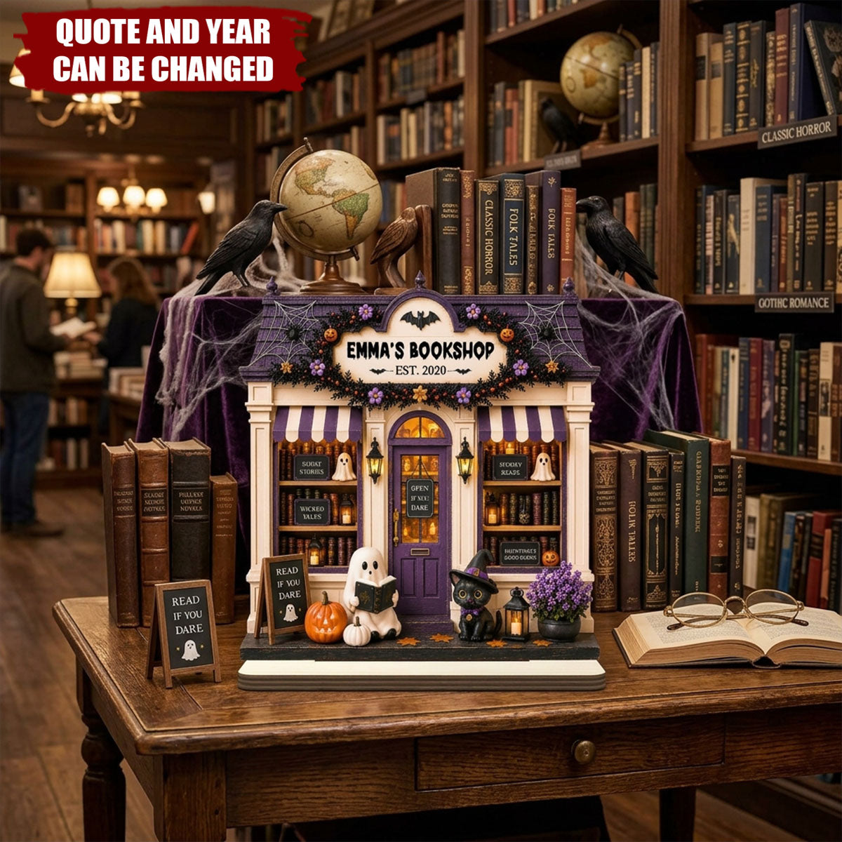 Personalized Halloween Bookshop Wooden Plaque - Spooky Custom Tabletop Sign