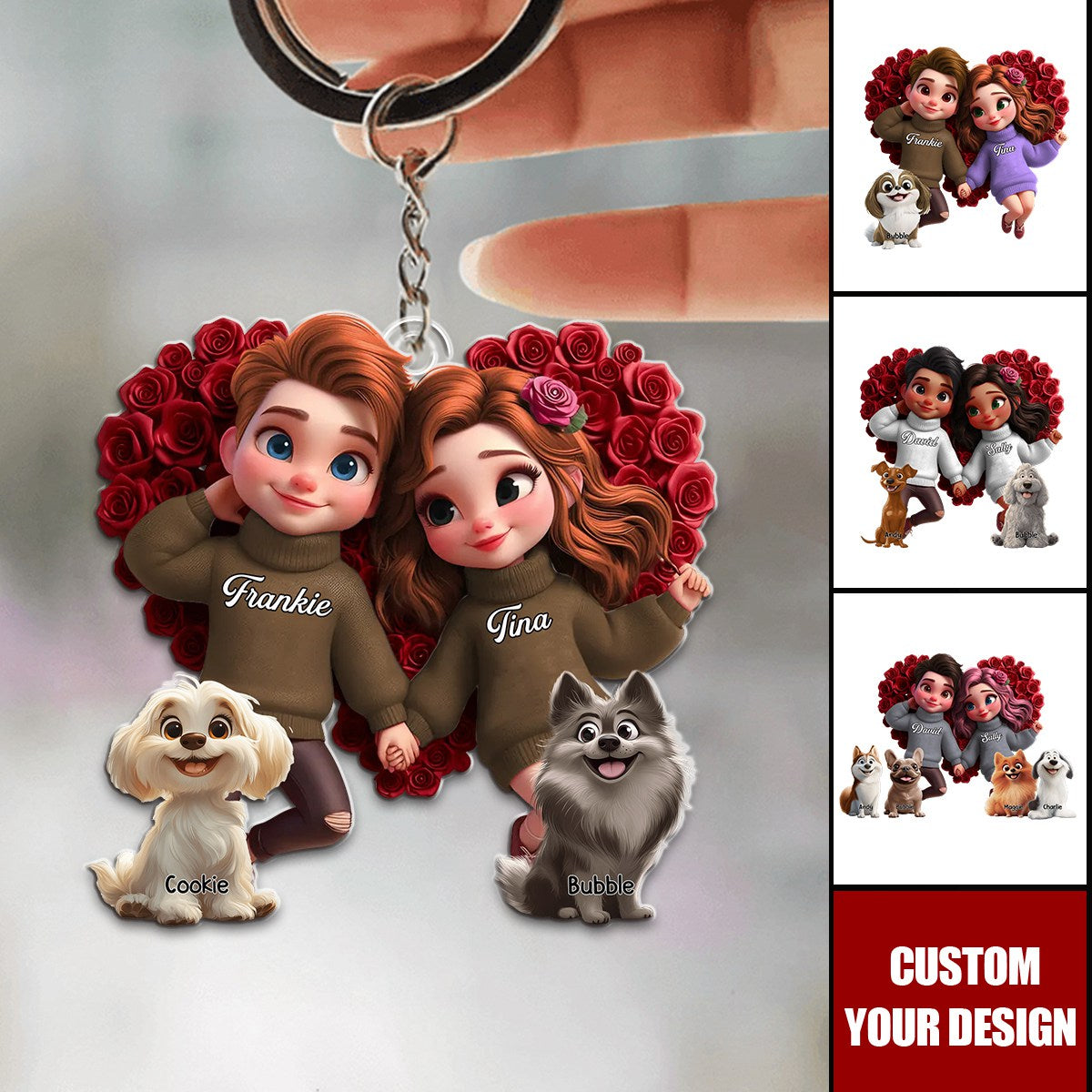 Cute Couple Holding Hands Surrounded By Roses With Dog Personalized Acrylic Keychain