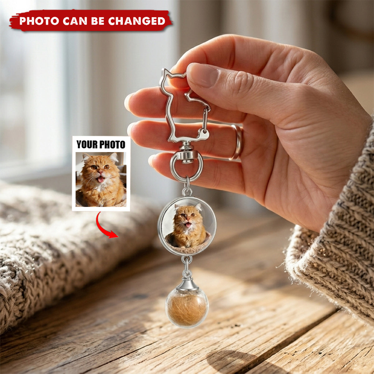 Personalized Cat Hair & Photo Memorial Keychain